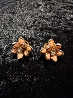 Floral Peach Enamel Flower Earrings with Crystal Center